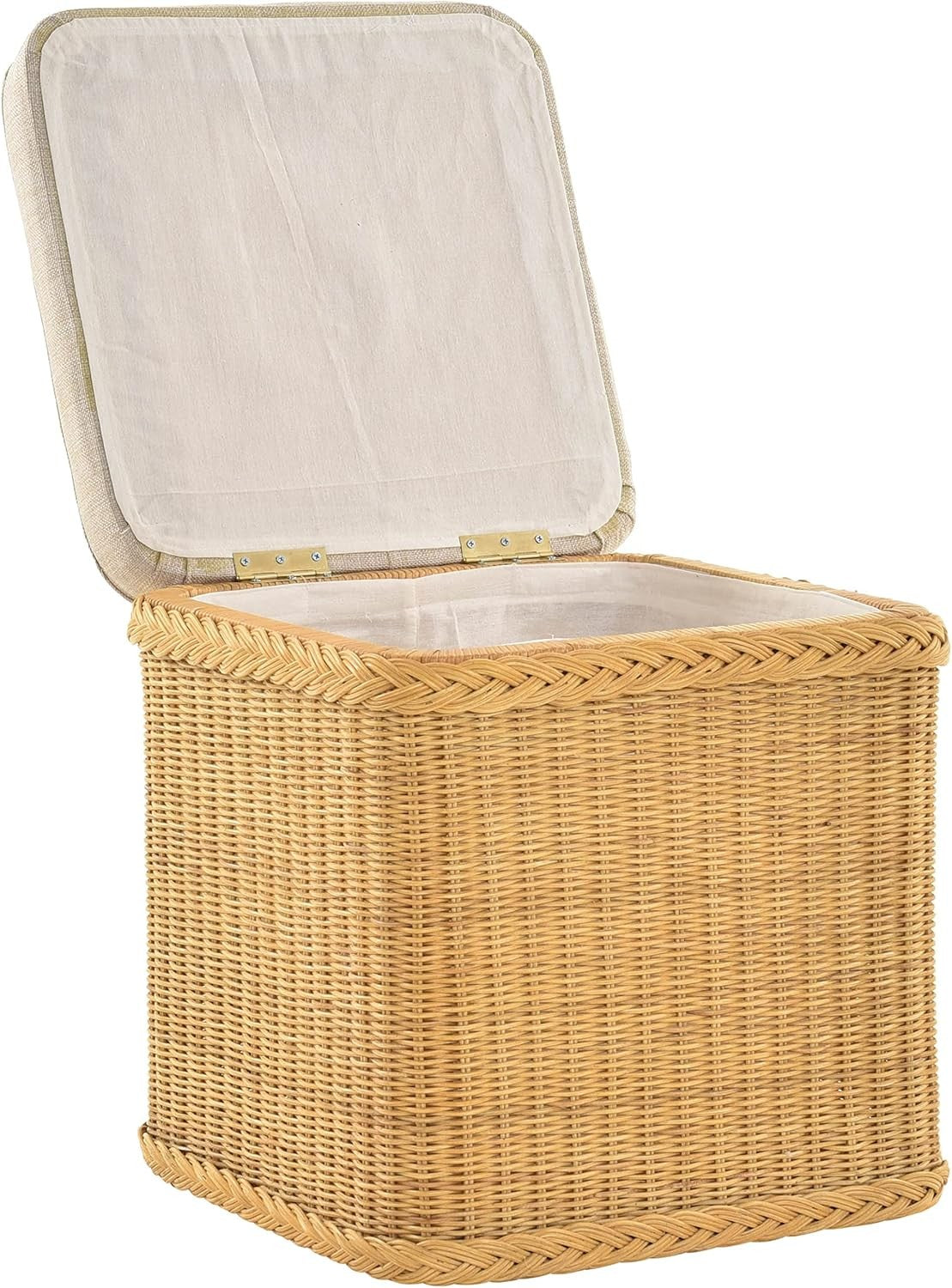Rattan Laundry Basket Seat with Cushion Lid Honey Storage Chest Square 46×46×50