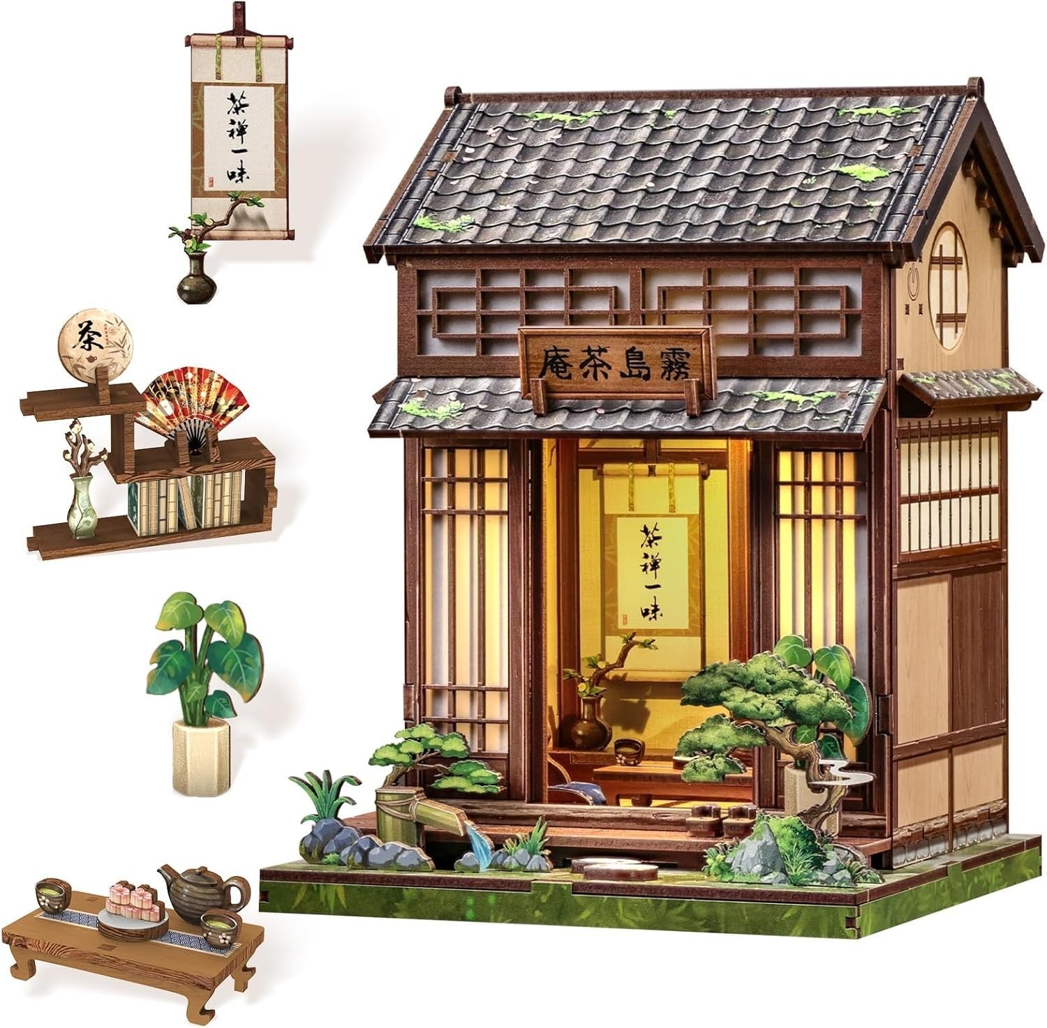 DIY Book Nook Kit Japanese Tea House Miniature LED Bookend Decor