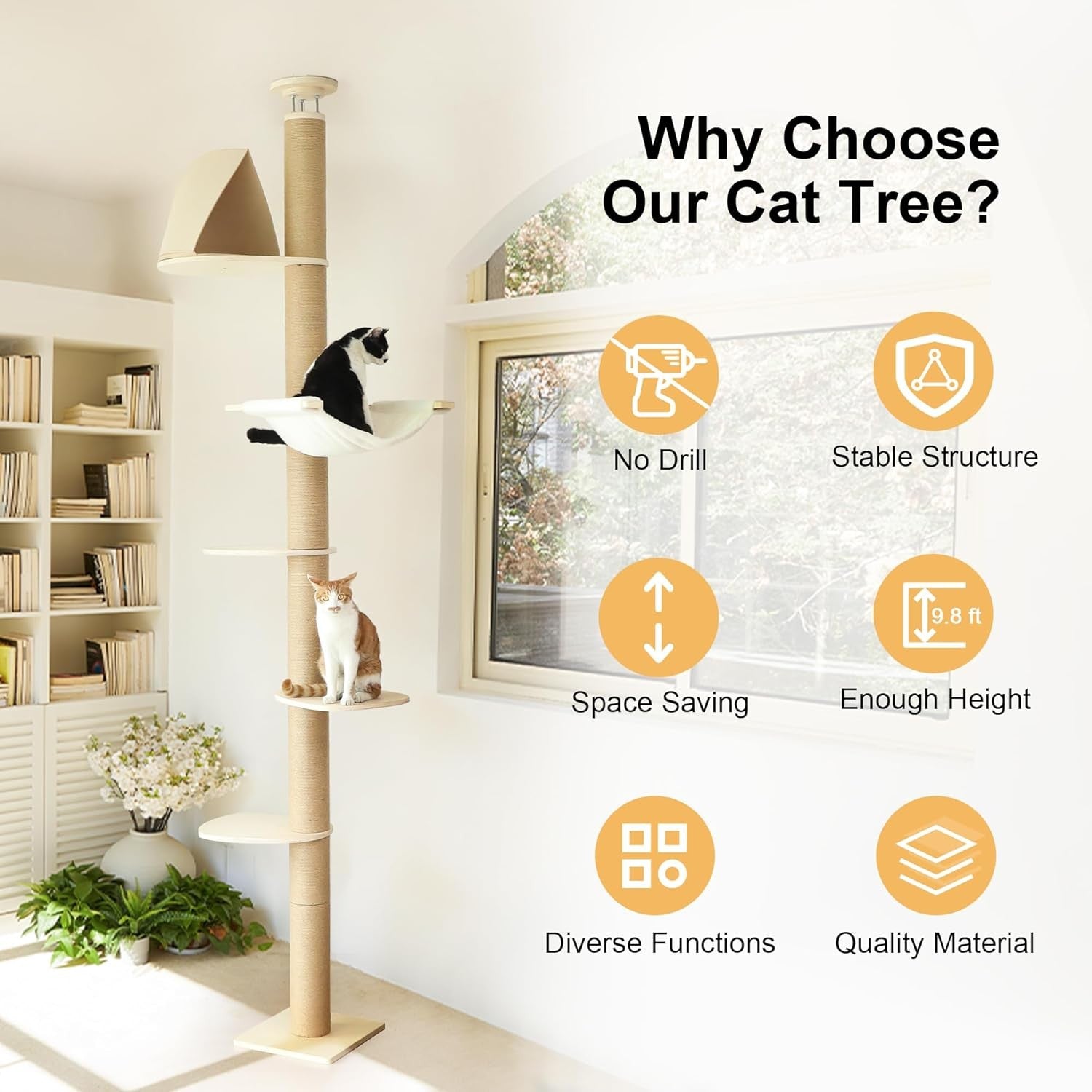 Floor to Ceiling Cat Tree Tower 6 Level Adjustable Scratching Post Hammock