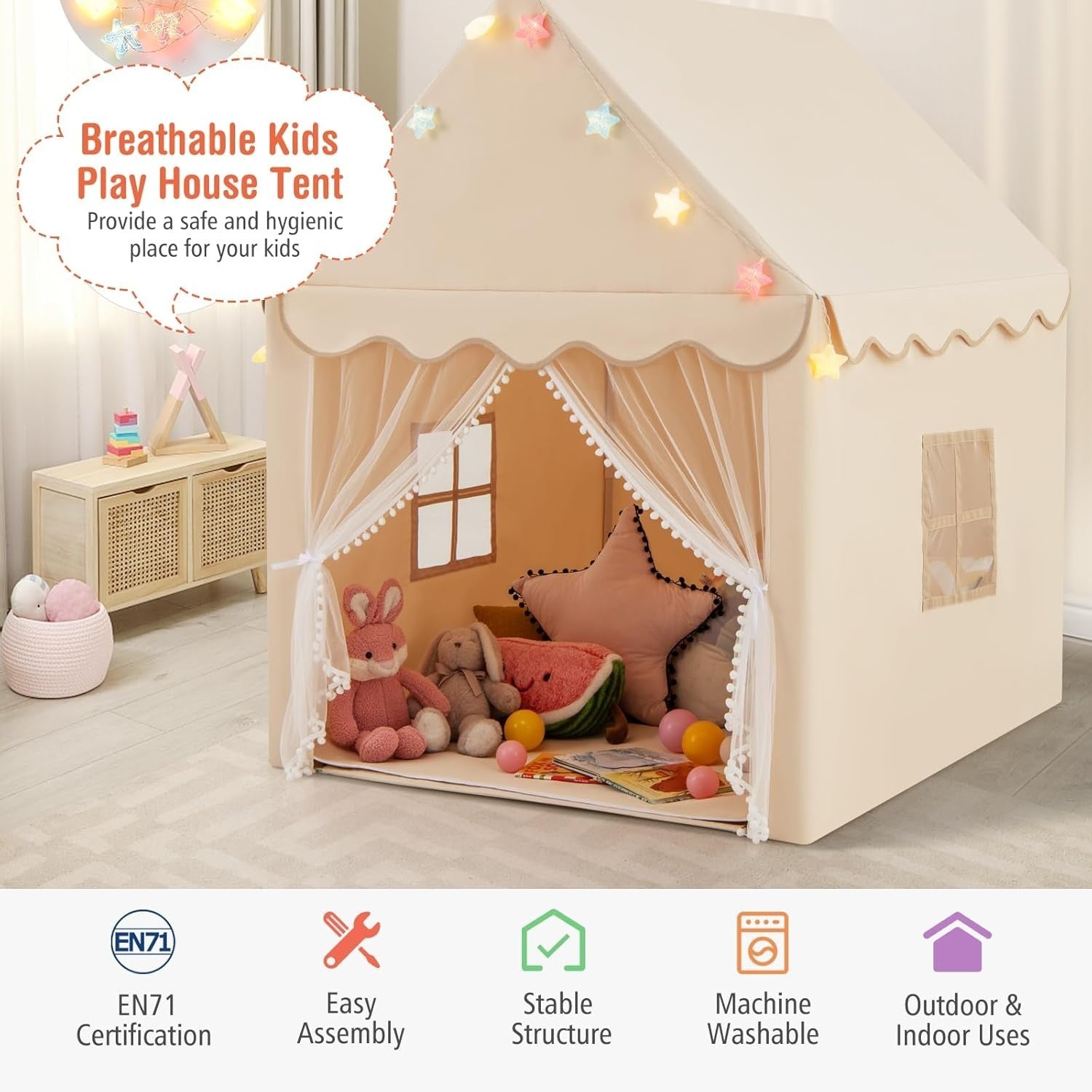 Beige Kids Fairy Castle Play Tent With Star Lights Washable Mat