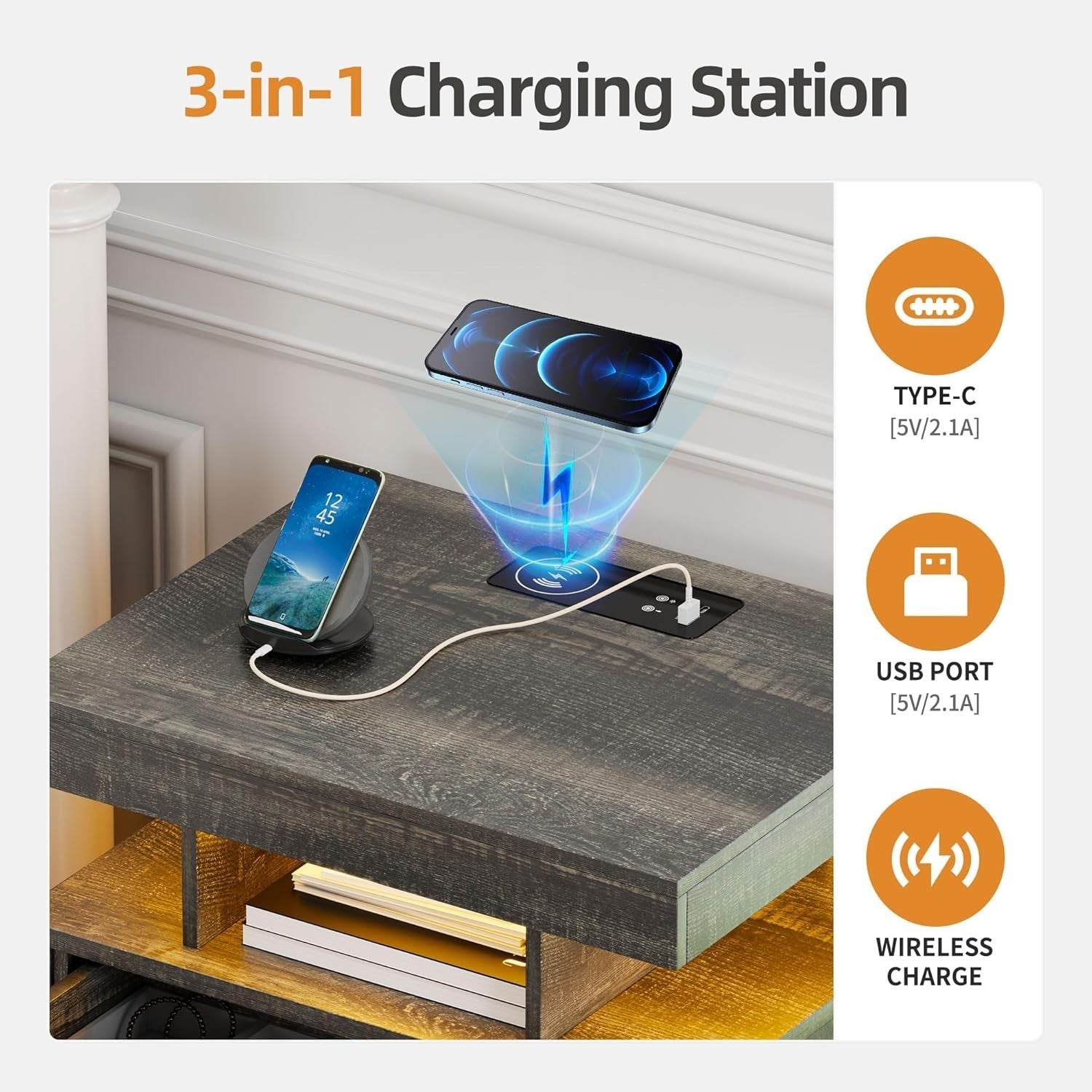 Set of 2 Rustic LED Bedside Tables with USB & Type-C Ports | Hidden Drawer