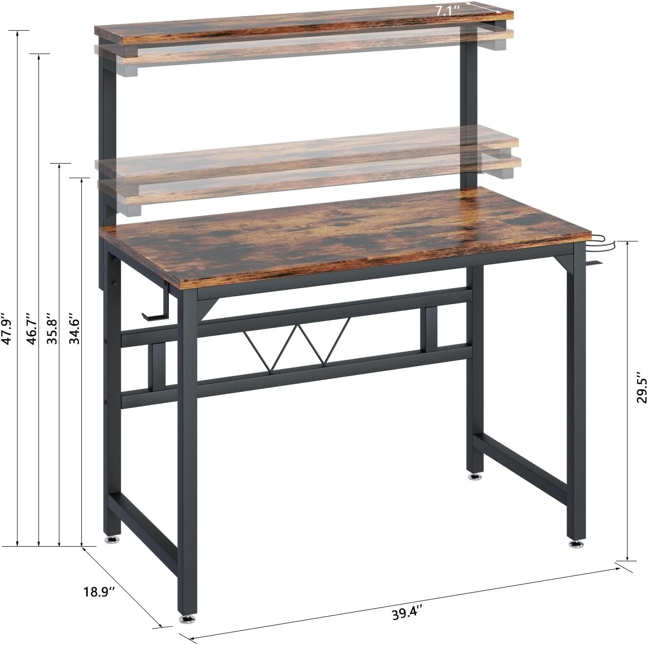 Rustic Brown Gaming Desk 100cm w/Adjustable Monitor Stand & Cup Holder