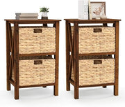 2x Walnut Bedside Tables with Seagrass Baskets | Rustic 2-Tier Narrow Nightstand