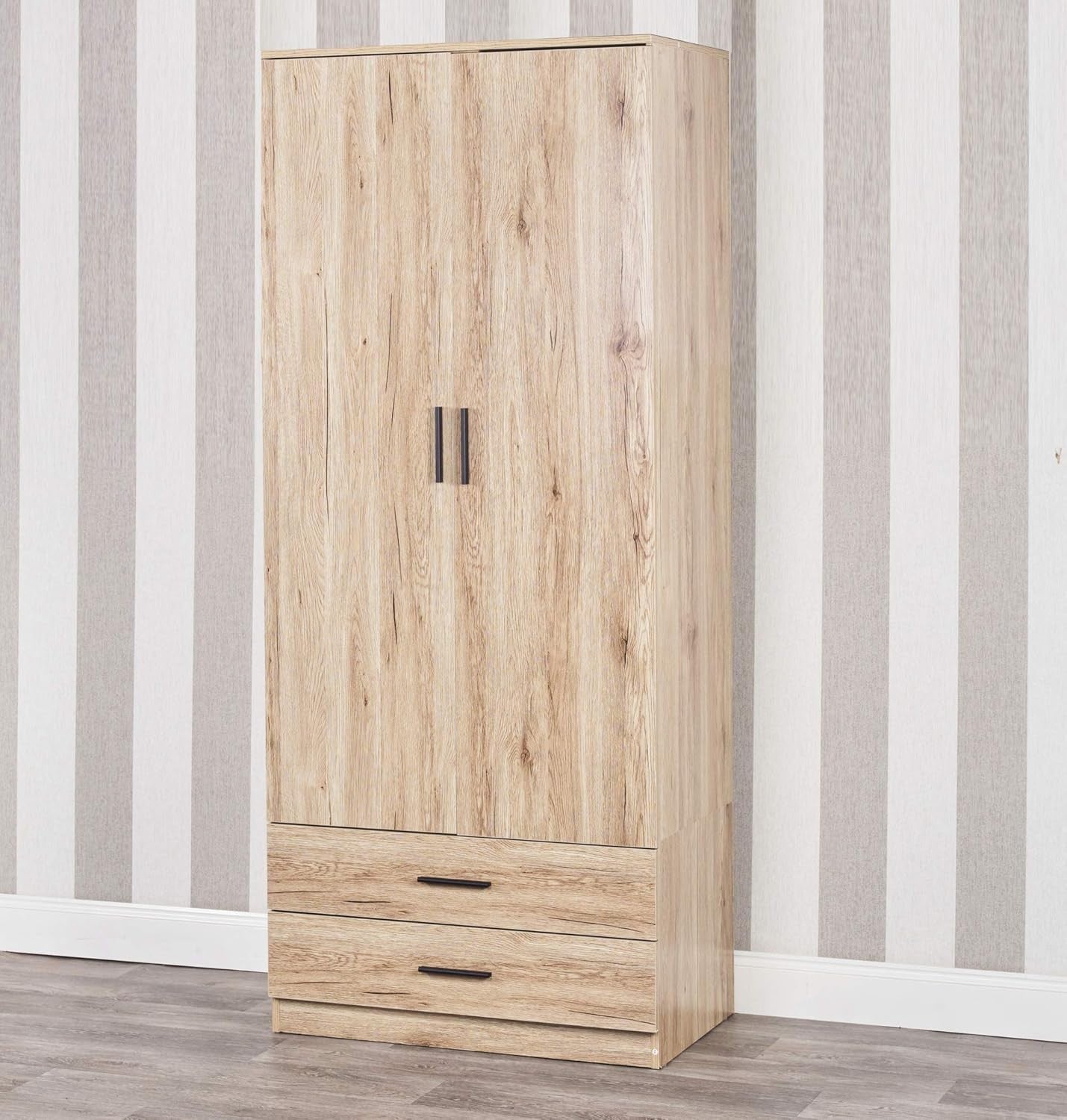 Modern Oak 2 Door Wardrobe with Drawers | Bedroom Storage & Hanging Rail