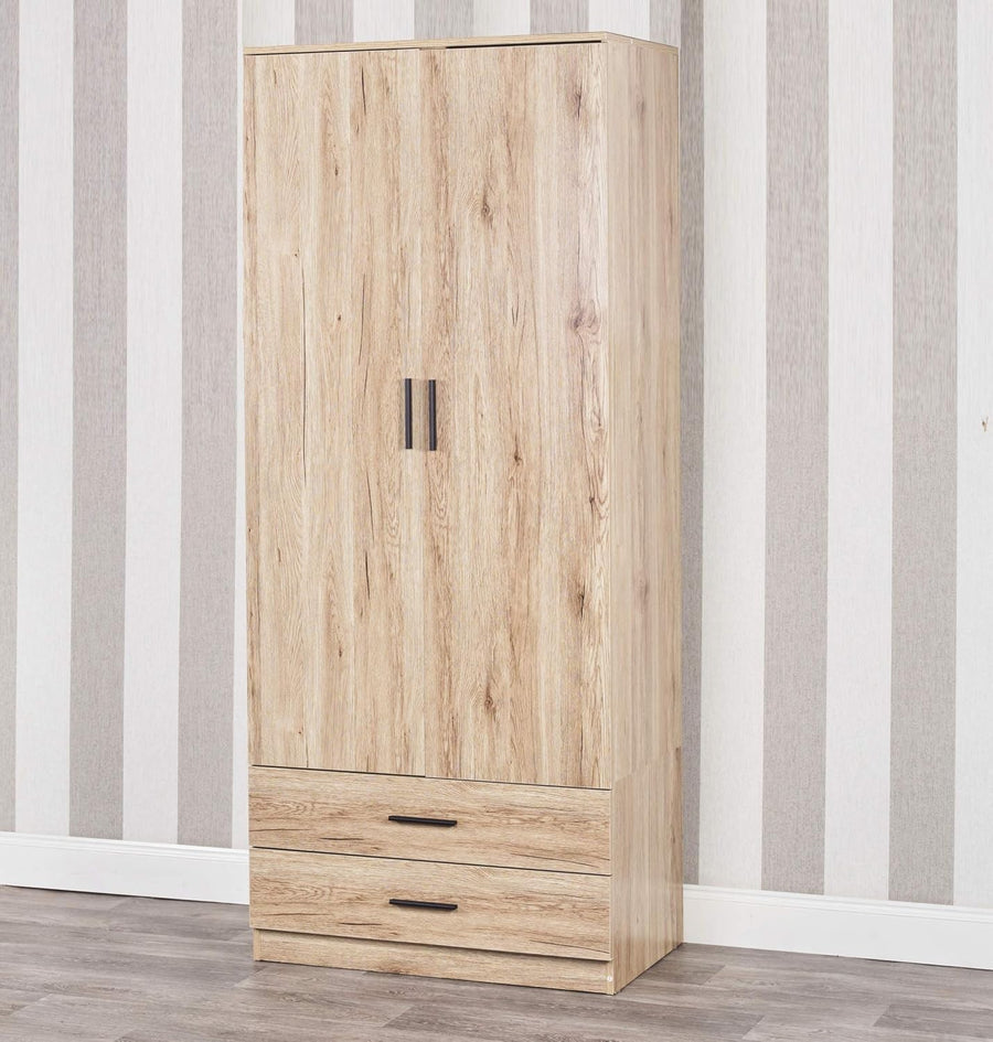 Modern Oak 2 Door Wardrobe with Drawers | Bedroom Storage & Hanging Rail