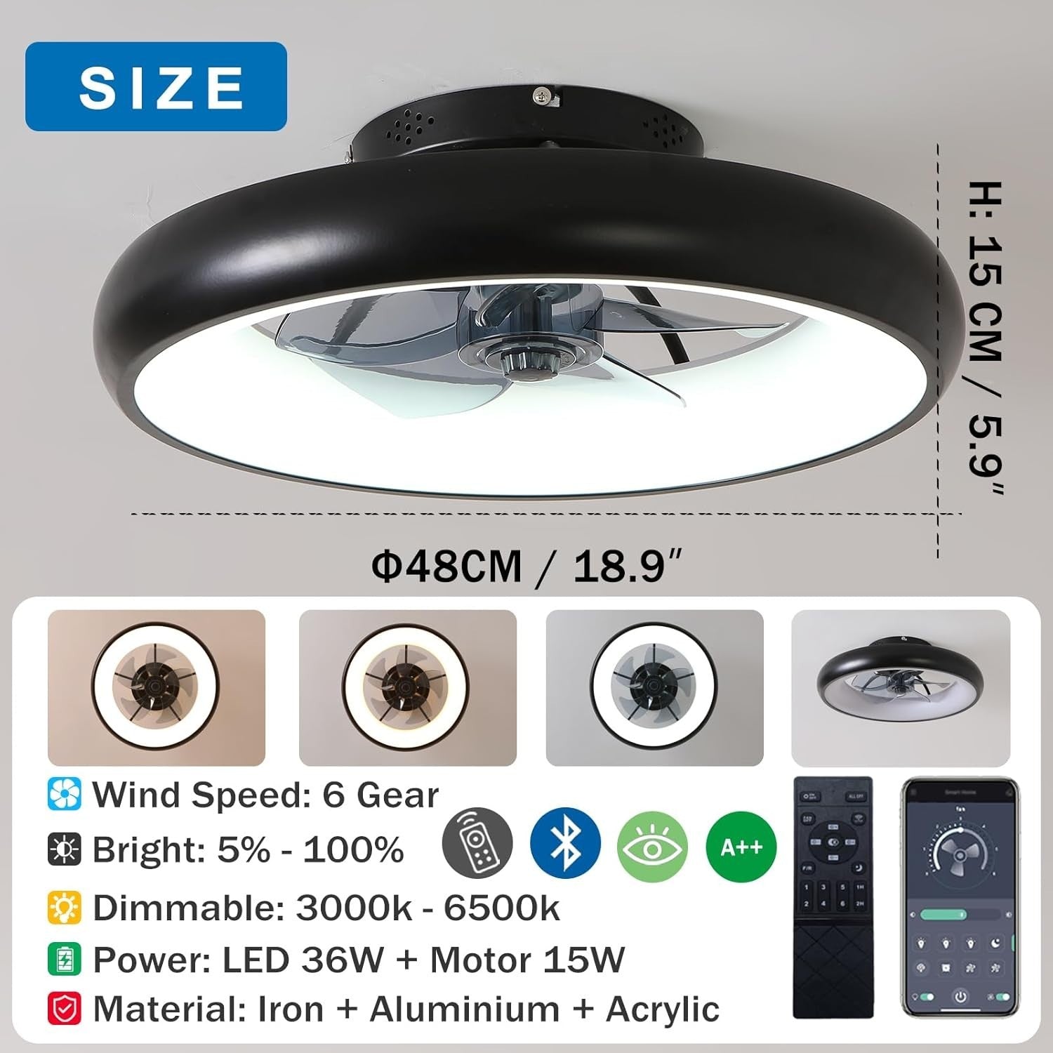 Exlafi 48CM Modern Ceiling Fan with LED Light, 6-Speed, Dimmable, Remote, Quiet