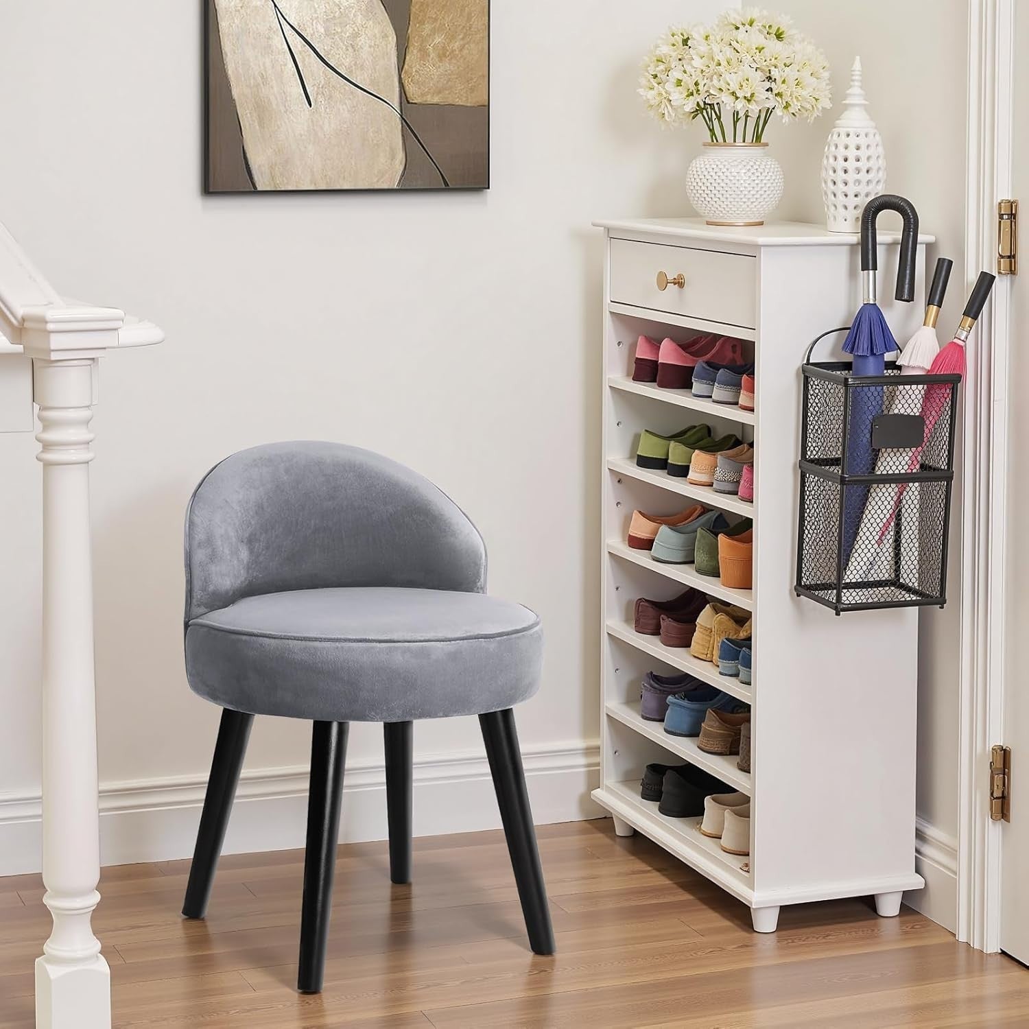 Grey Velvet Dressing Table Stool with Low Back – Soft Padded Vanity Chair