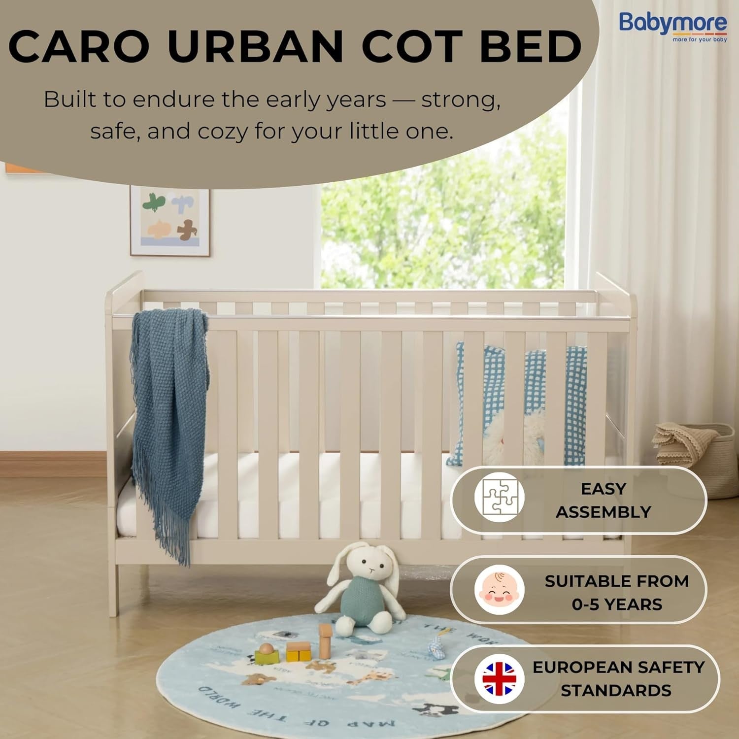 Convertible Baby Cot Bed Toddler Bed Adjustable Height Protective Teething Rails