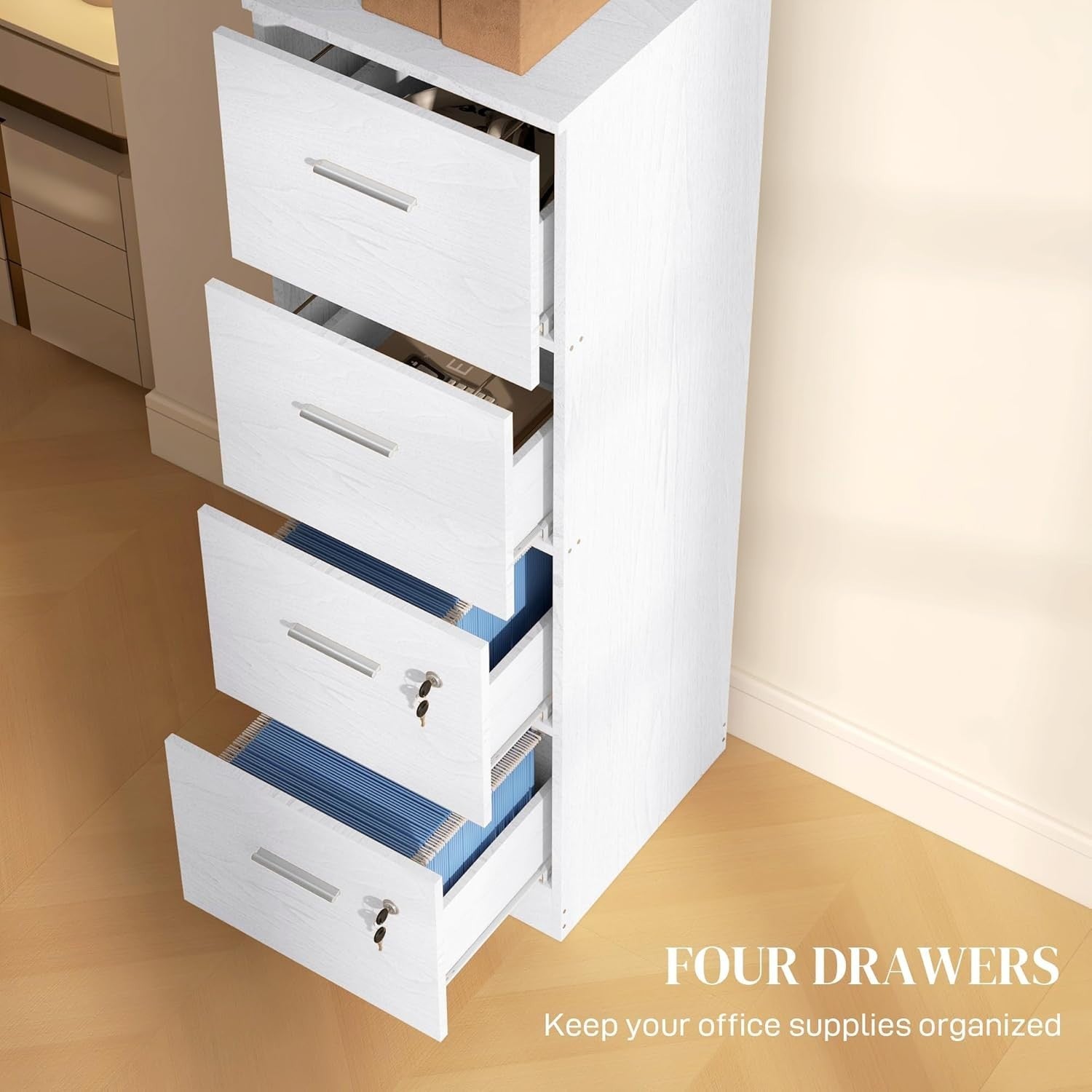 4 Drawer Vertical Filing Cabinet with Lock Office Storage White Wood Effect