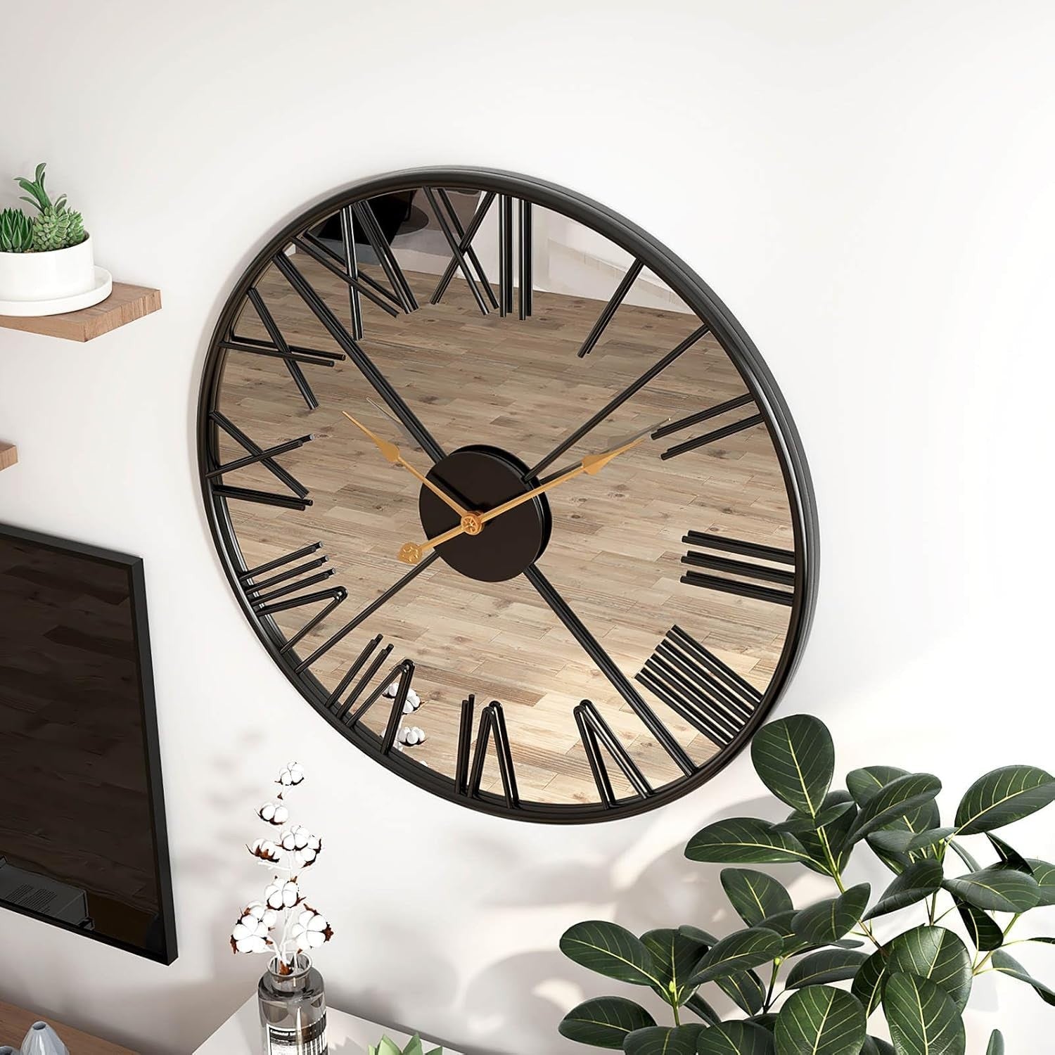 Large 27.5" Modern Roman Numeral Wall Clock | Silent Non-Ticking Mirror Decor