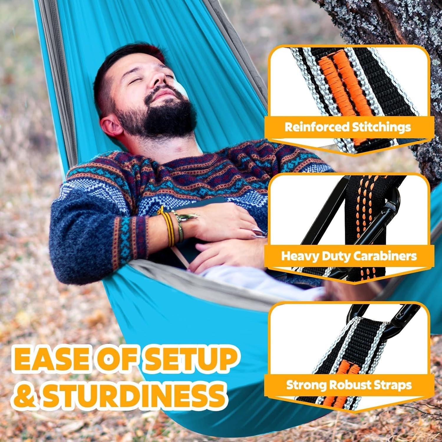 Ultra-Light Camping Hammock 300kg Load Breathable Nylon w/ Carabiners & Straps
