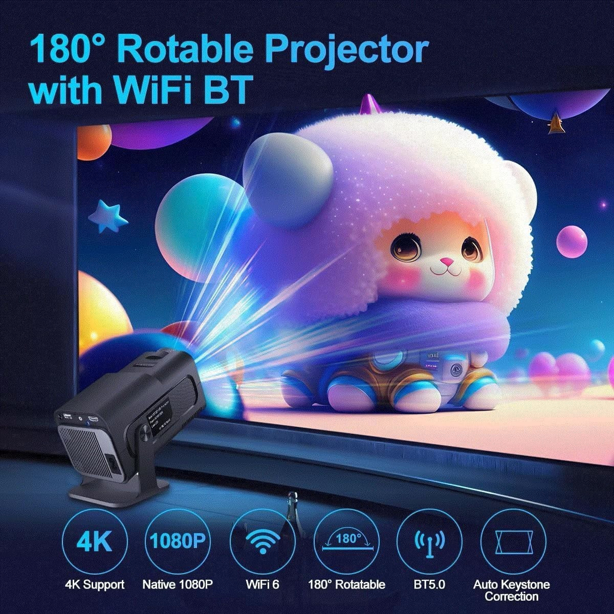 Mini 1080P Smart Projector Android TV WiFi 6 Bluetooth 180° 4K
