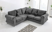 Grey Plush Velvet Corner Sofa 5 Seater Foam Cushions & Chrome Feet