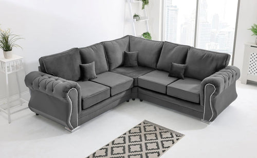 Grey Plush Velvet Corner Sofa 5 Seater Foam Cushions & Chrome Feet