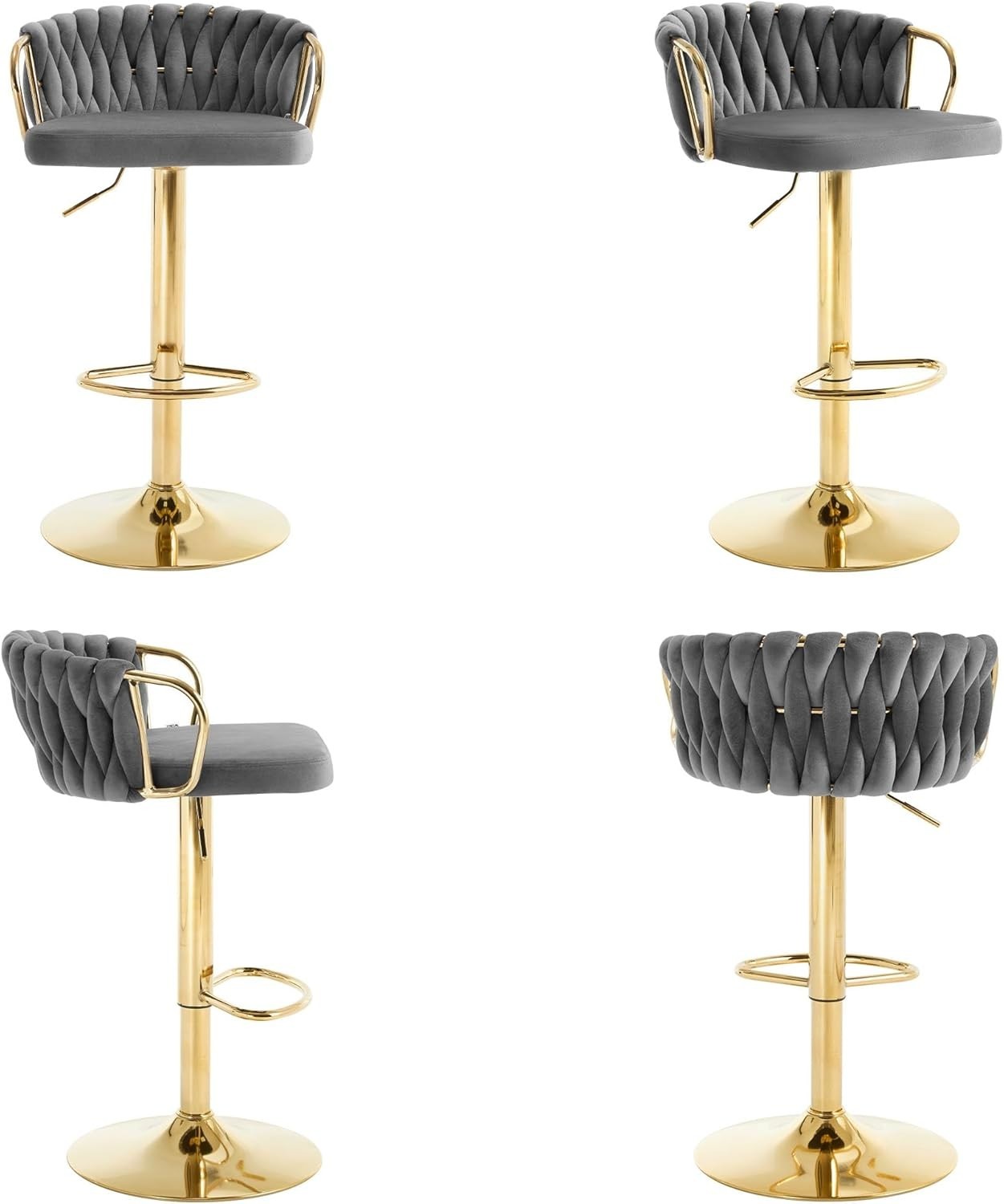 Adjustable Velvet Bar Stool Dark Grey 360° Swivel Kitchen Counter