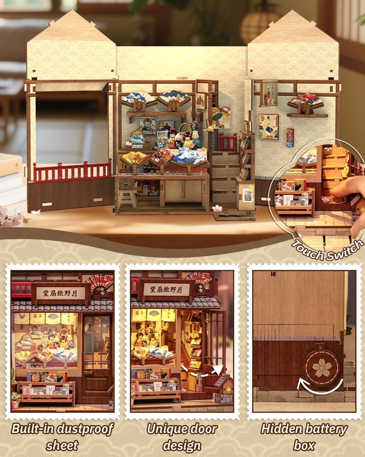 DIY Book Nook Kit Japanese Fan House LED Miniature Bookend Decor