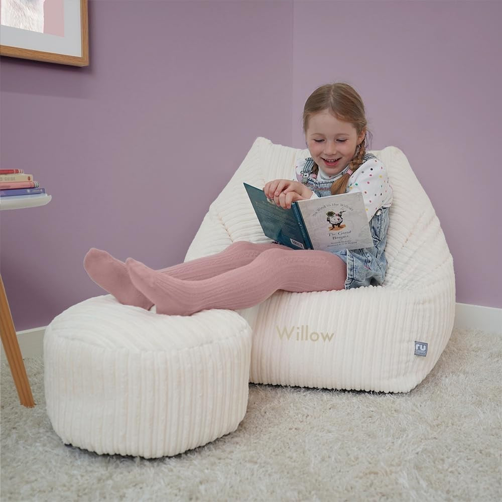 Kids Corduroy Bean Bag Chair & Footstool – Ivory, Washable, 70x80x60cm