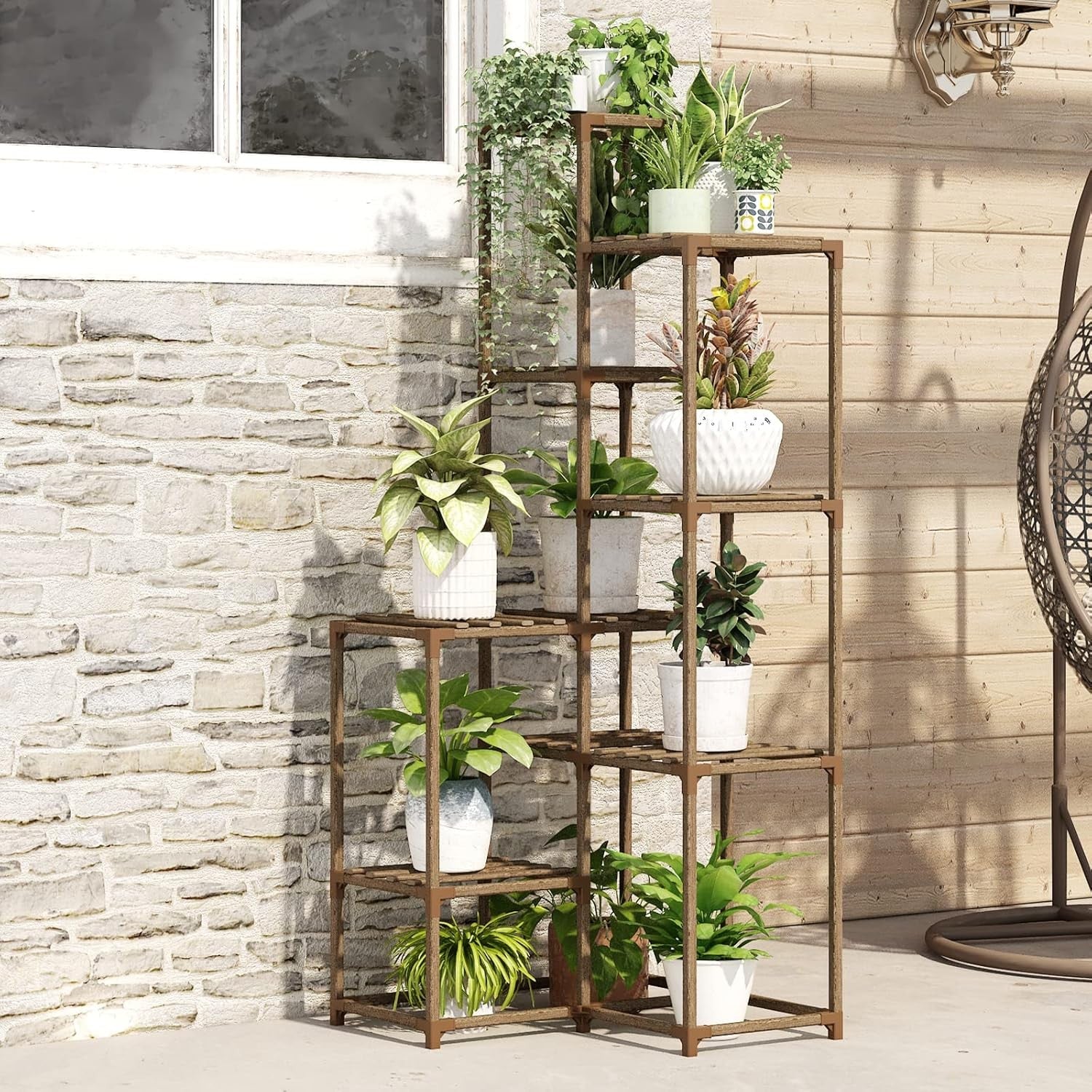 7 Tier Tall Wooden Plant Stand Indoor Outdoor Flower Shelf for Multiple Pots