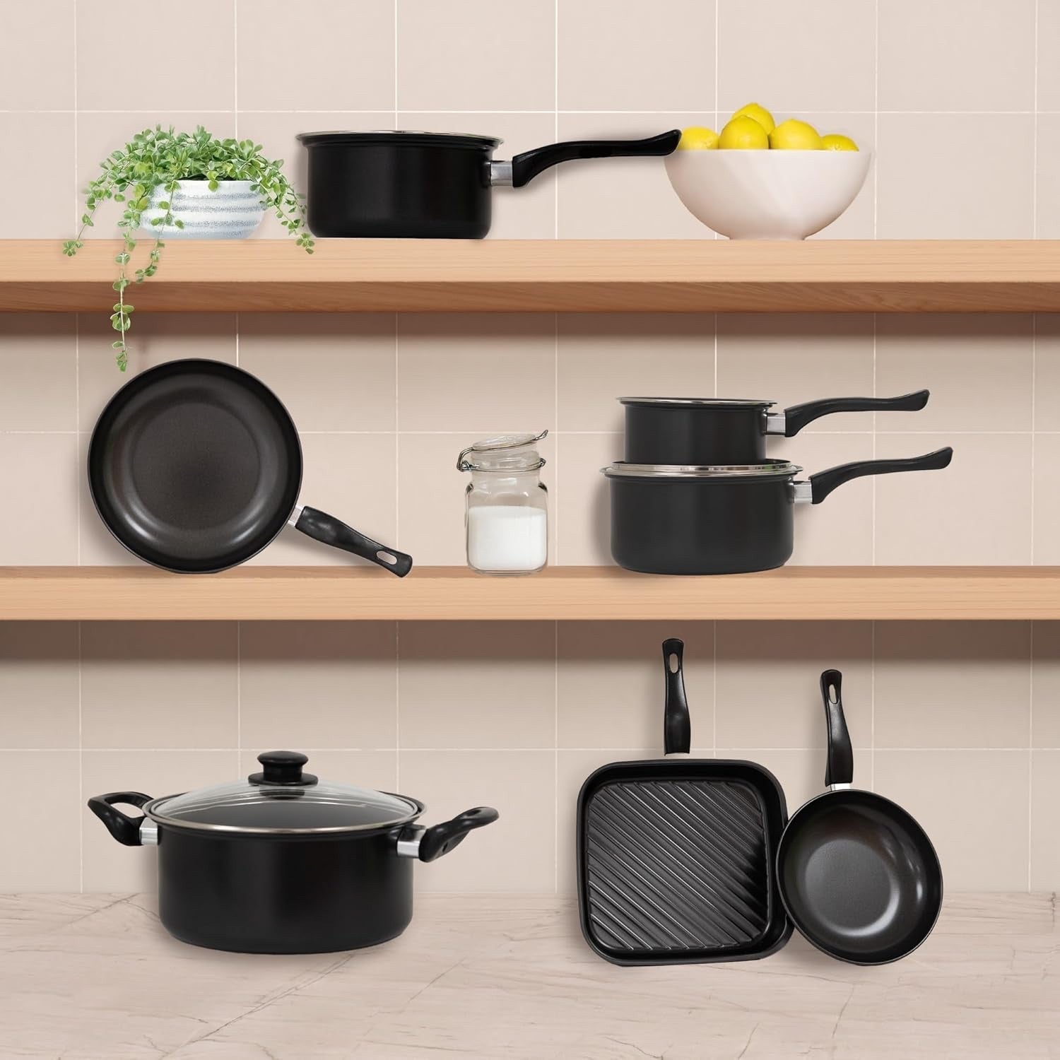 10Pcs Black Non Stick Cookware Pots and Pans Set with Glass Lids & Grill Pan