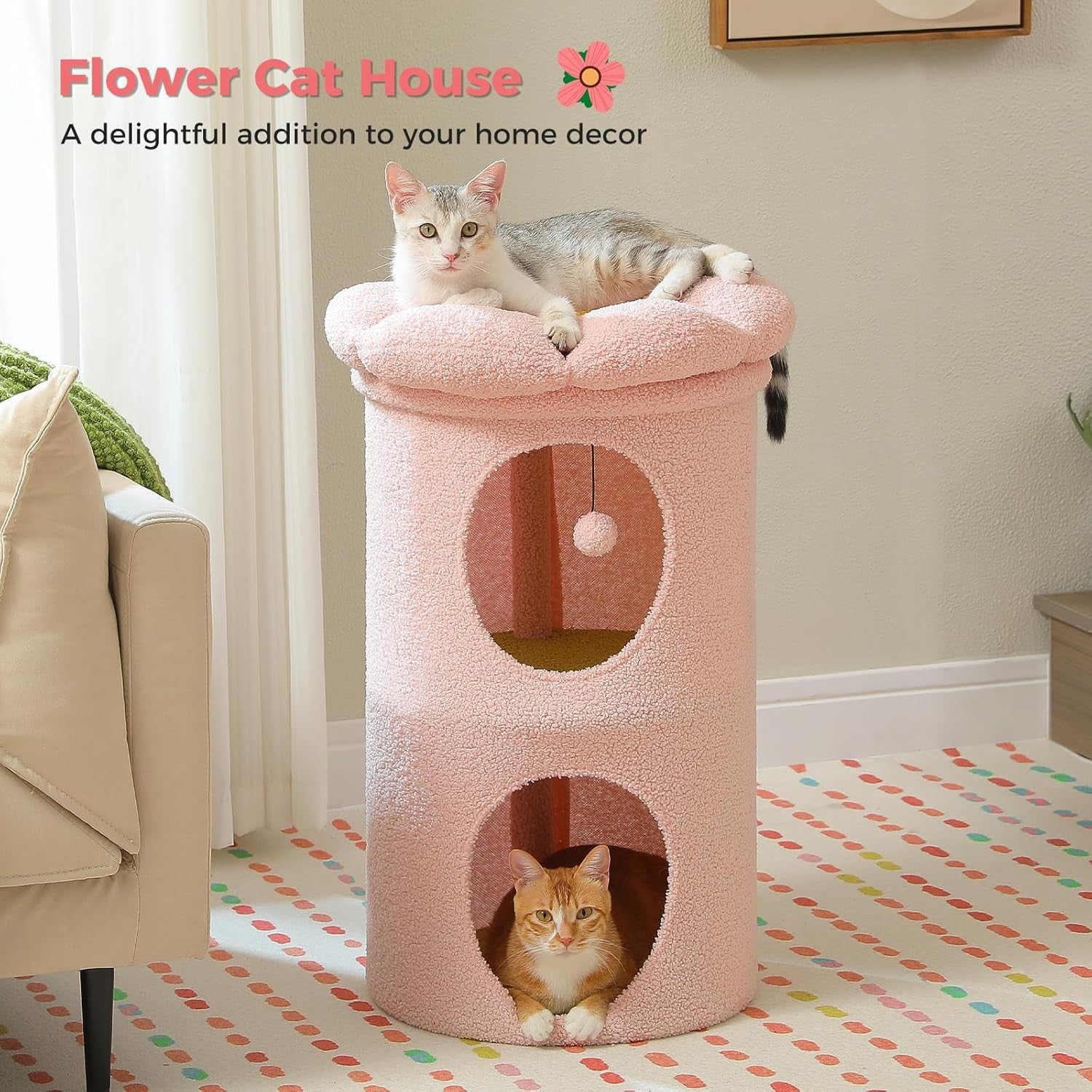 Flower Cat Cave Bed with Condo Top Perch Hideaway Tower Pink 2 Level