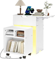 Smart LED Bedside Table with Charging Ports, Drawer & Rolling Storage Seat