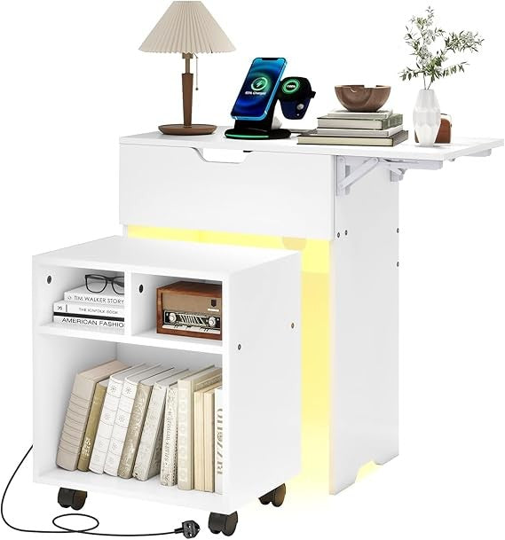 Smart LED Bedside Table with Charging Ports, Drawer & Rolling Storage Seat