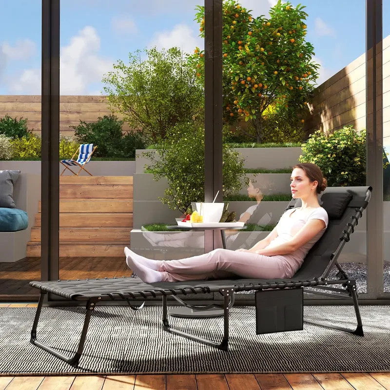 Reclining Padded Folding Sun Lounger Adjustable 5-Position Black Chair