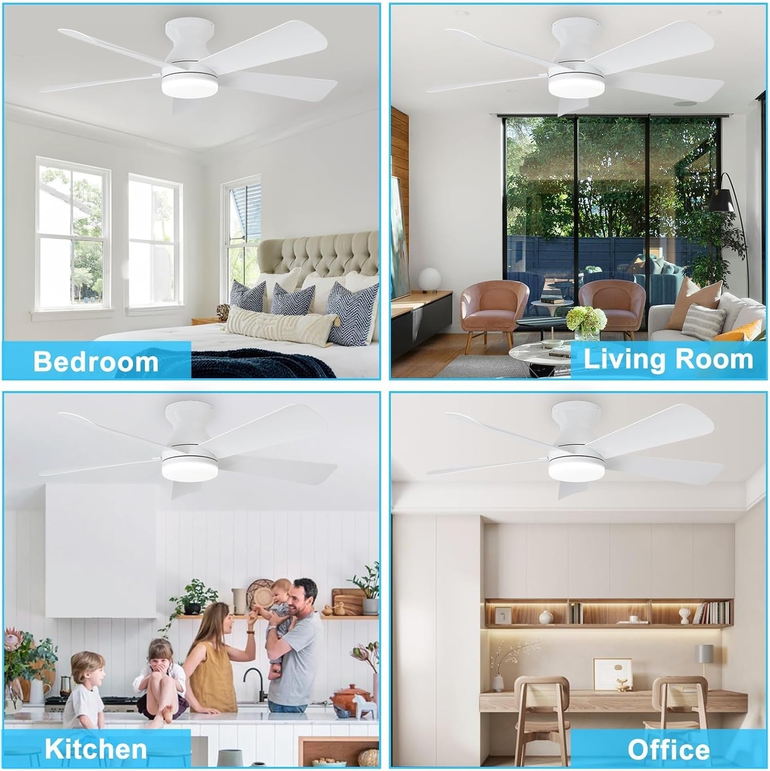42" White Ceiling Fan, 5 Blades, 6 Speeds, LED Light, Remote
