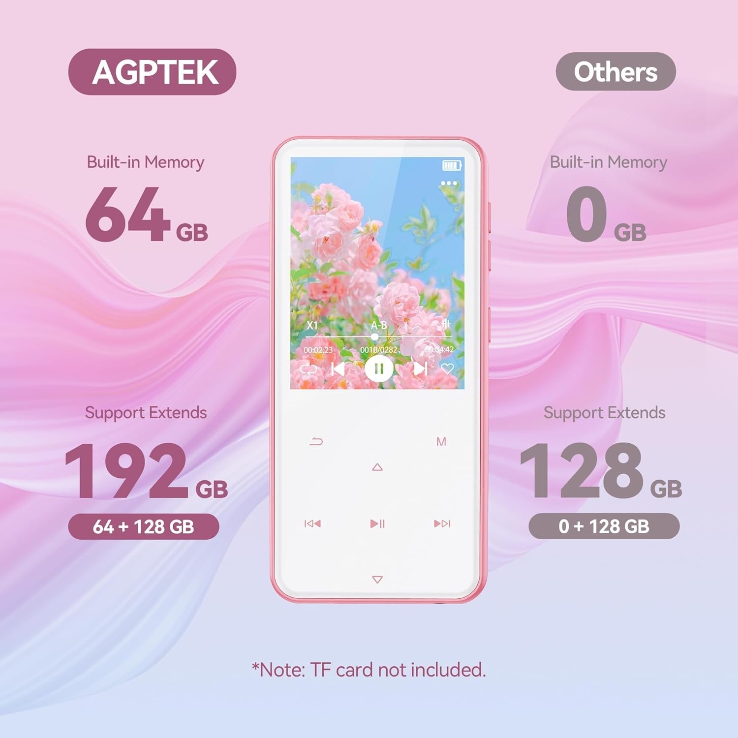 64GB MP3 Player Bluetooth 5.3 2.4" Screen FM Speaker Pink