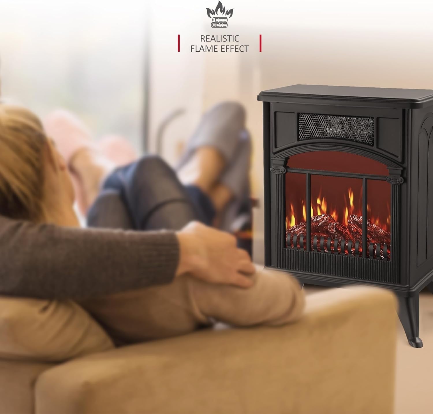 Electric Stove Fireplace Heater 1900W Flame Effect Log Burner Freestanding