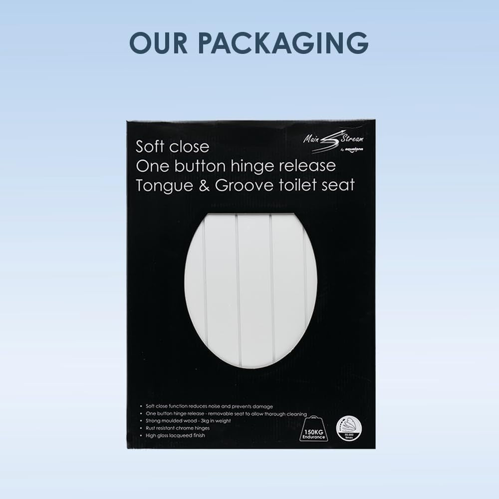 White Tongue & Groove Toilet Seat Soft Close Moulded Wood Easy Clean 42x36cm