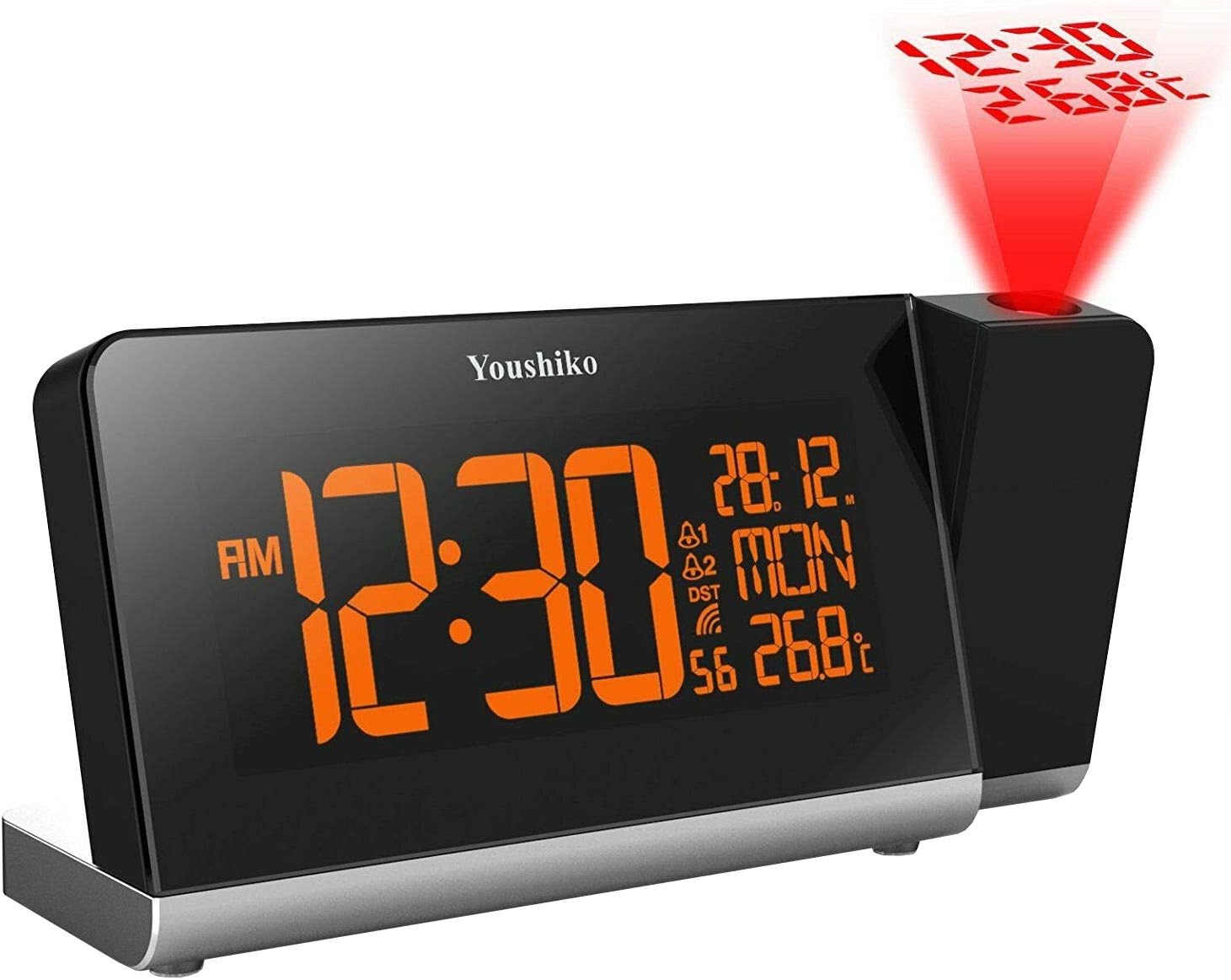 Black Projection Alarm Clock Radio Control LED Display Dual Alarm