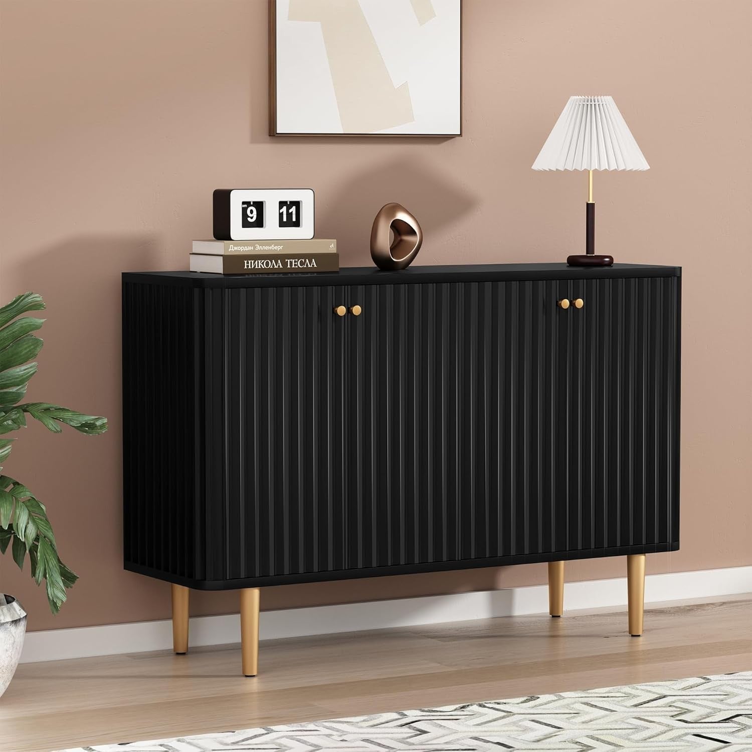 Modern 4-Door Buffet Sideboard Cabinet with Gold Accents & Ample Storage