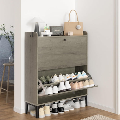 Grey 2 Drawer Shoe Cabinet Flip Storage Unit with Adjustable Dividers 80x24x100