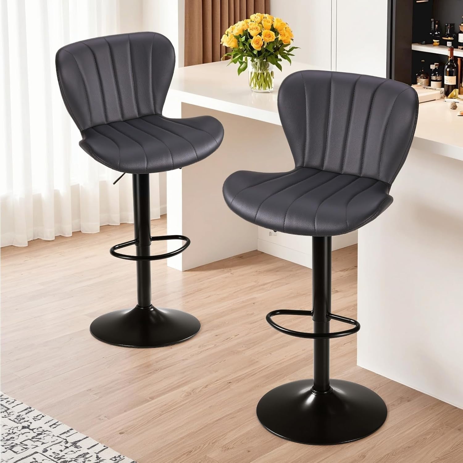 Adjustable Swivel Bar Stools Set of 2 | Grey PU Leather Counter Chairs