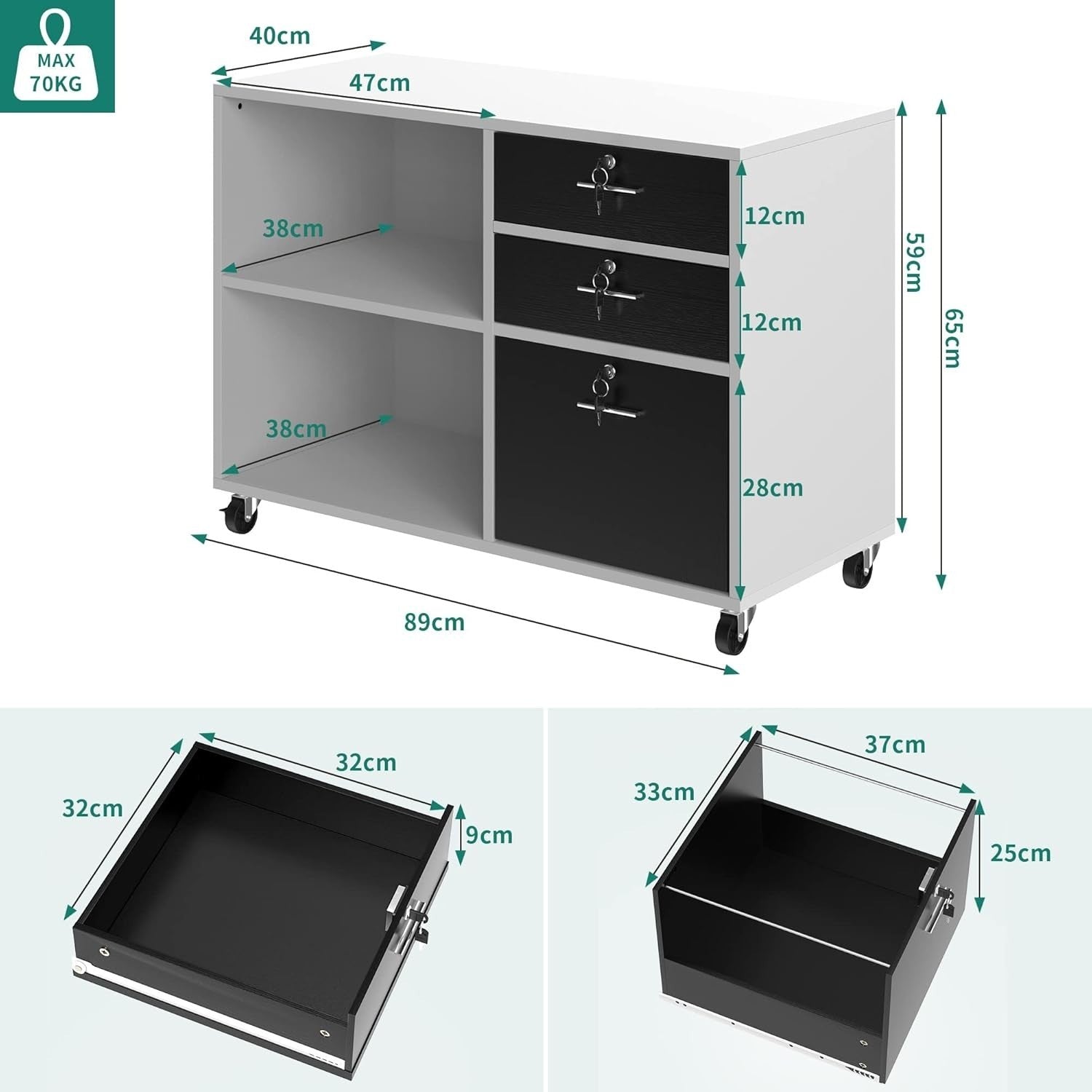 Wide Mobile Filing Cabinet 3 Drawer Lockable Printer Stand White Black