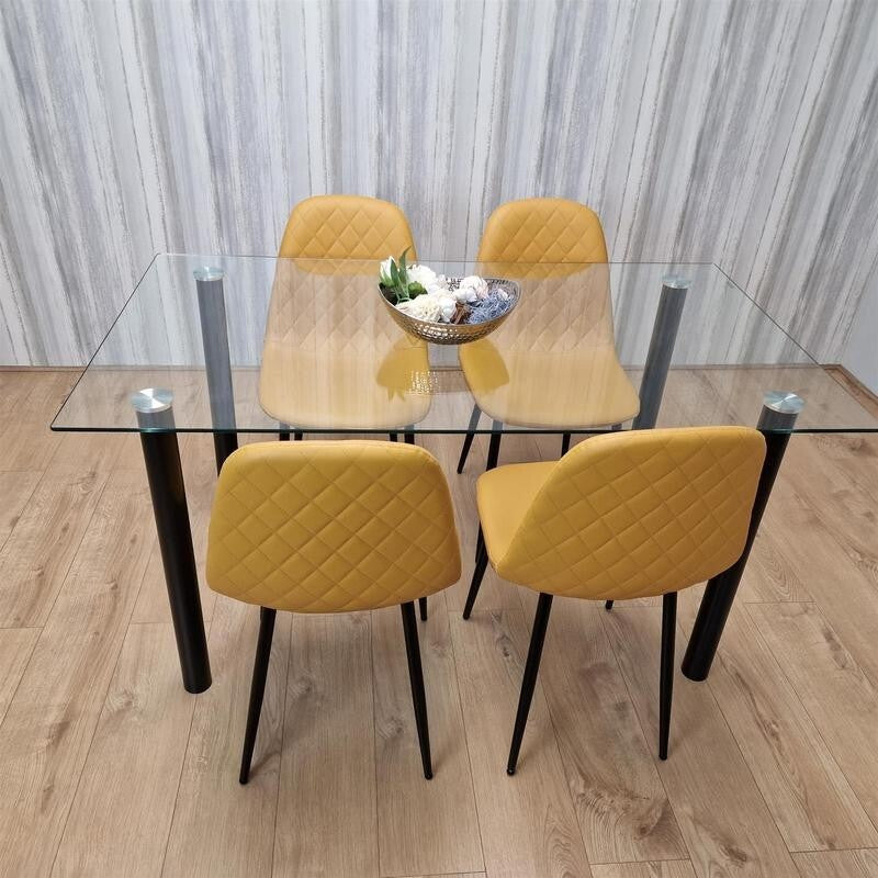 Glass Dining Table Set with 4 Mustard Faux Leather Chairs for Kitchen