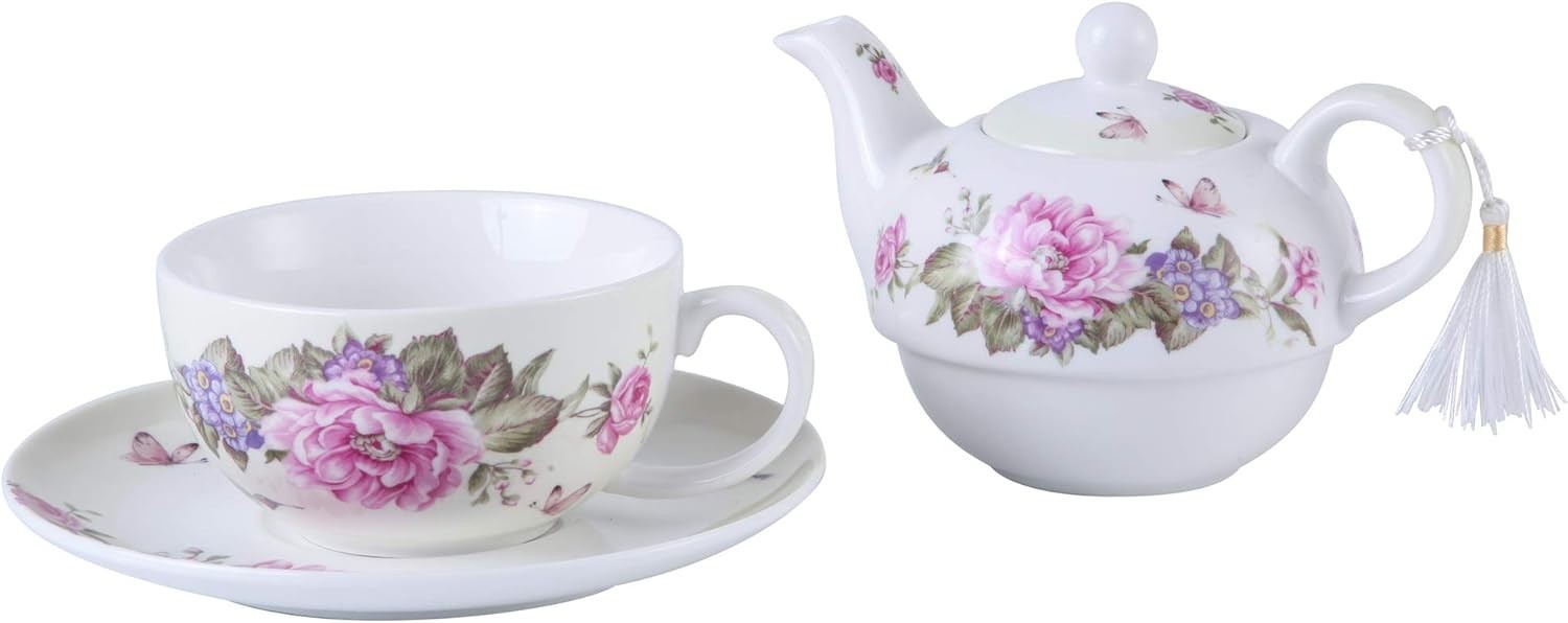 Tea For One Teapot Cup Saucer Set Beige Floral Bird Rose Gift Box