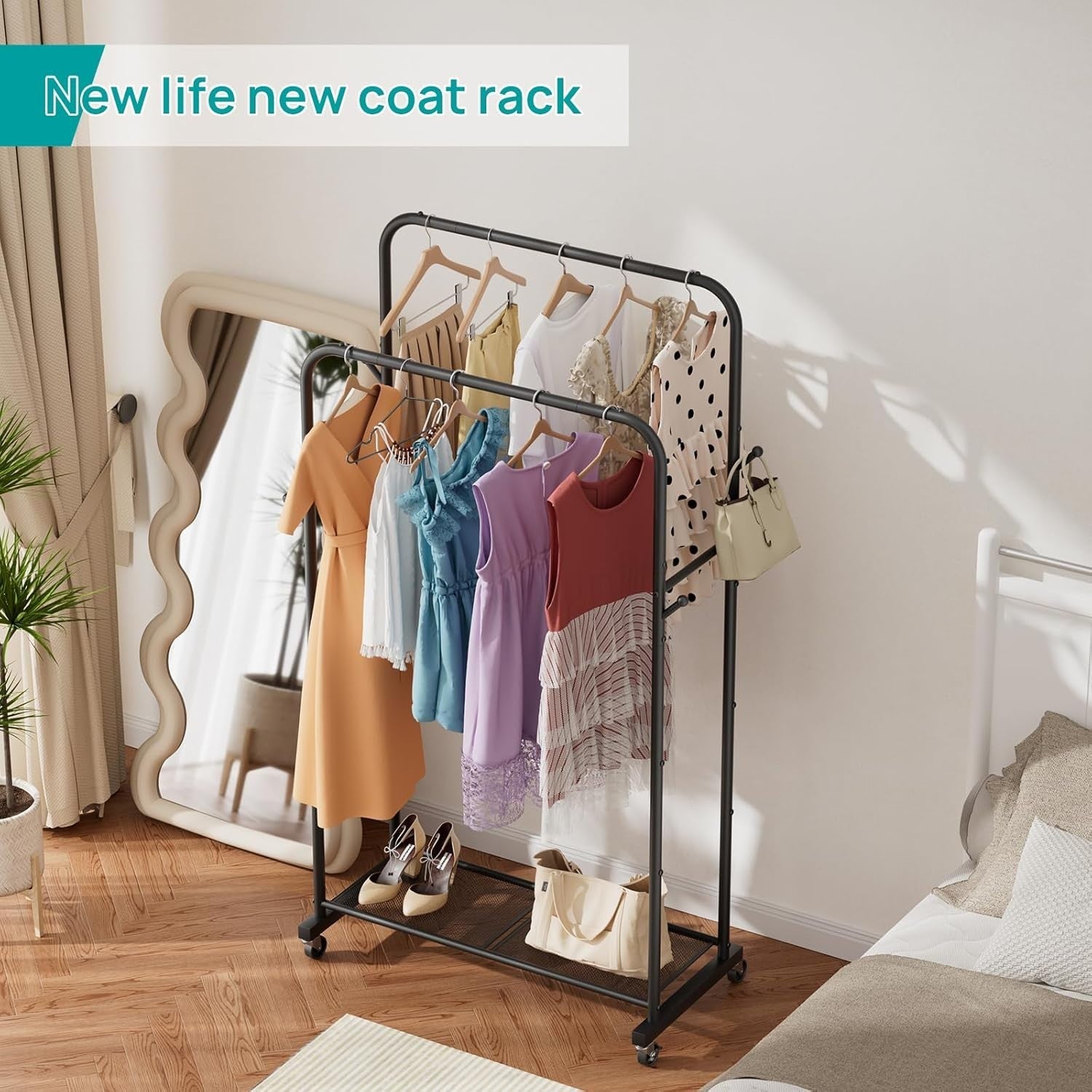 Heavy Duty Clothes Rail with Wheels & Shelf – Black 43×91×145cm