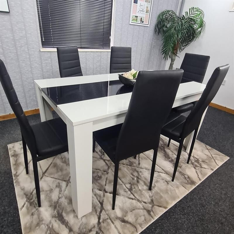 6 Seater Dining Table Set White Black Chairs Modern Kitchen Room MDF 140cm