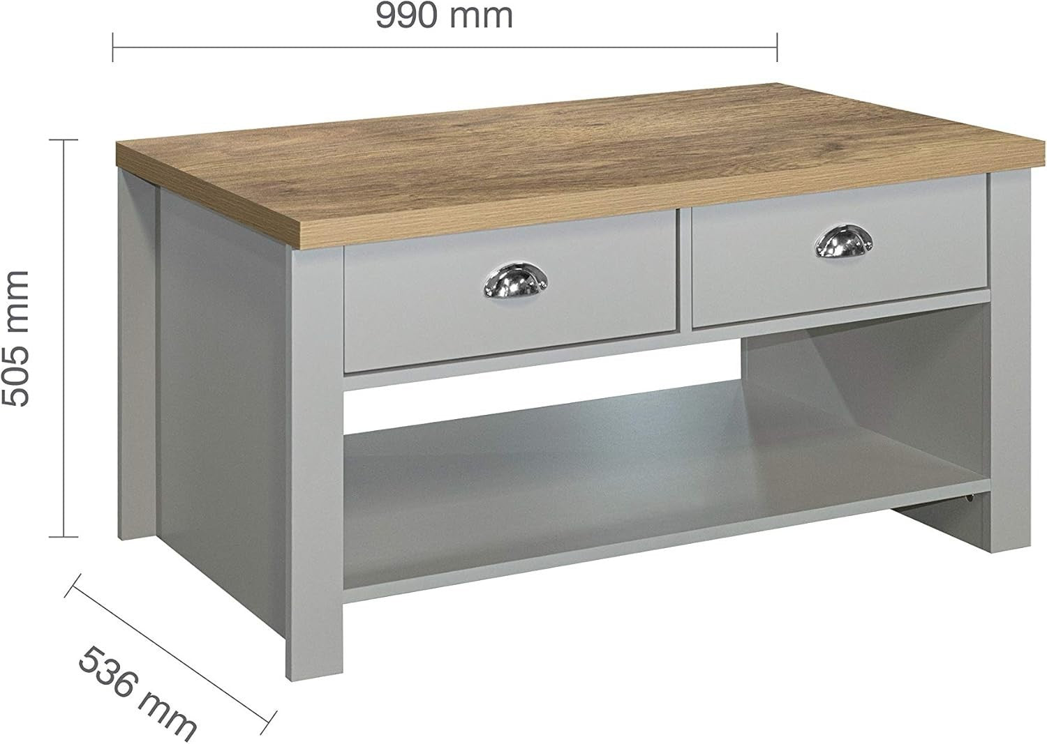 Farmhouse Grey & Oak Coffee Table 2 Drawer Storage Shelf Modern Rustic Style