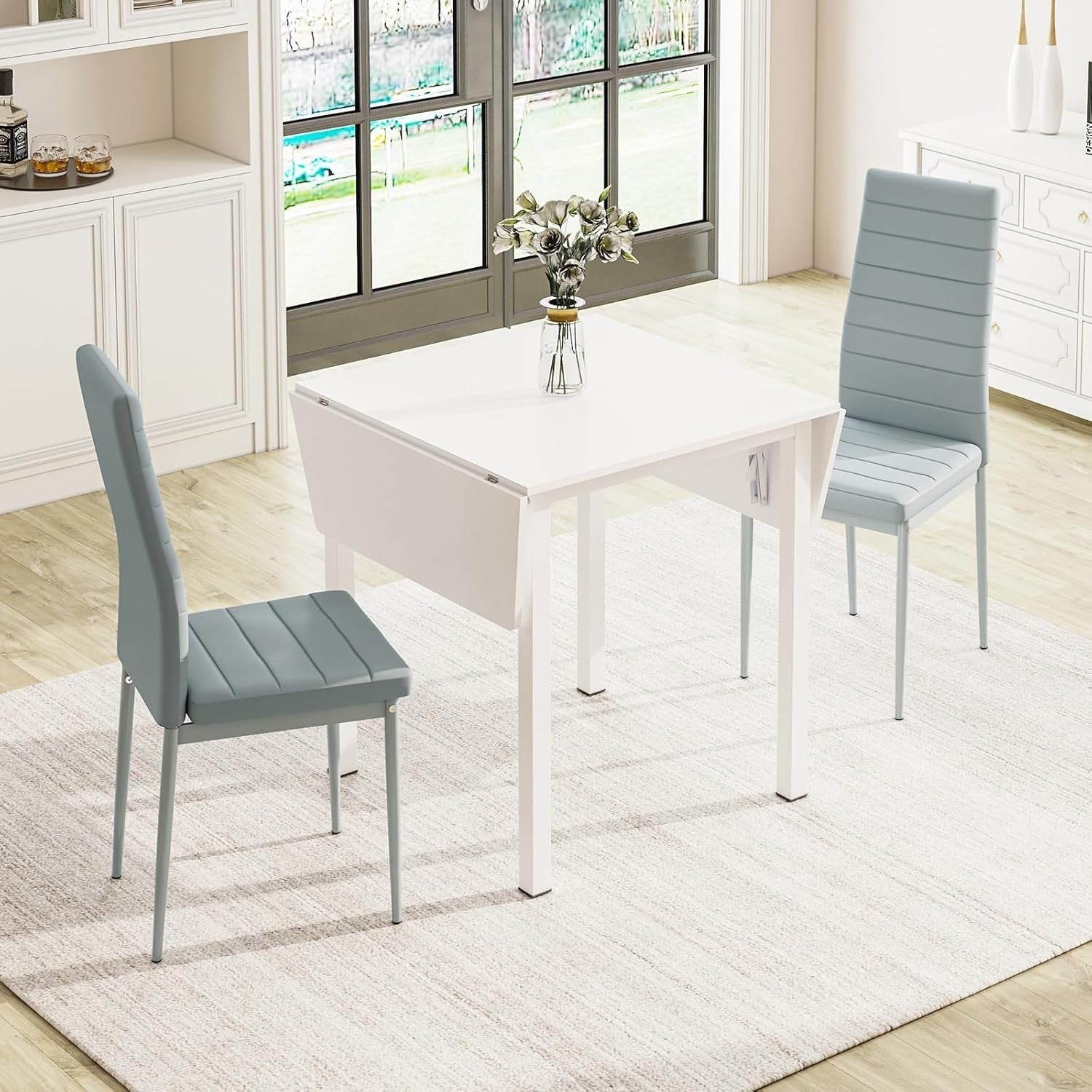 Space-Saving White Dining Table & 2 Chairs Set with PU Leather Grey Seats