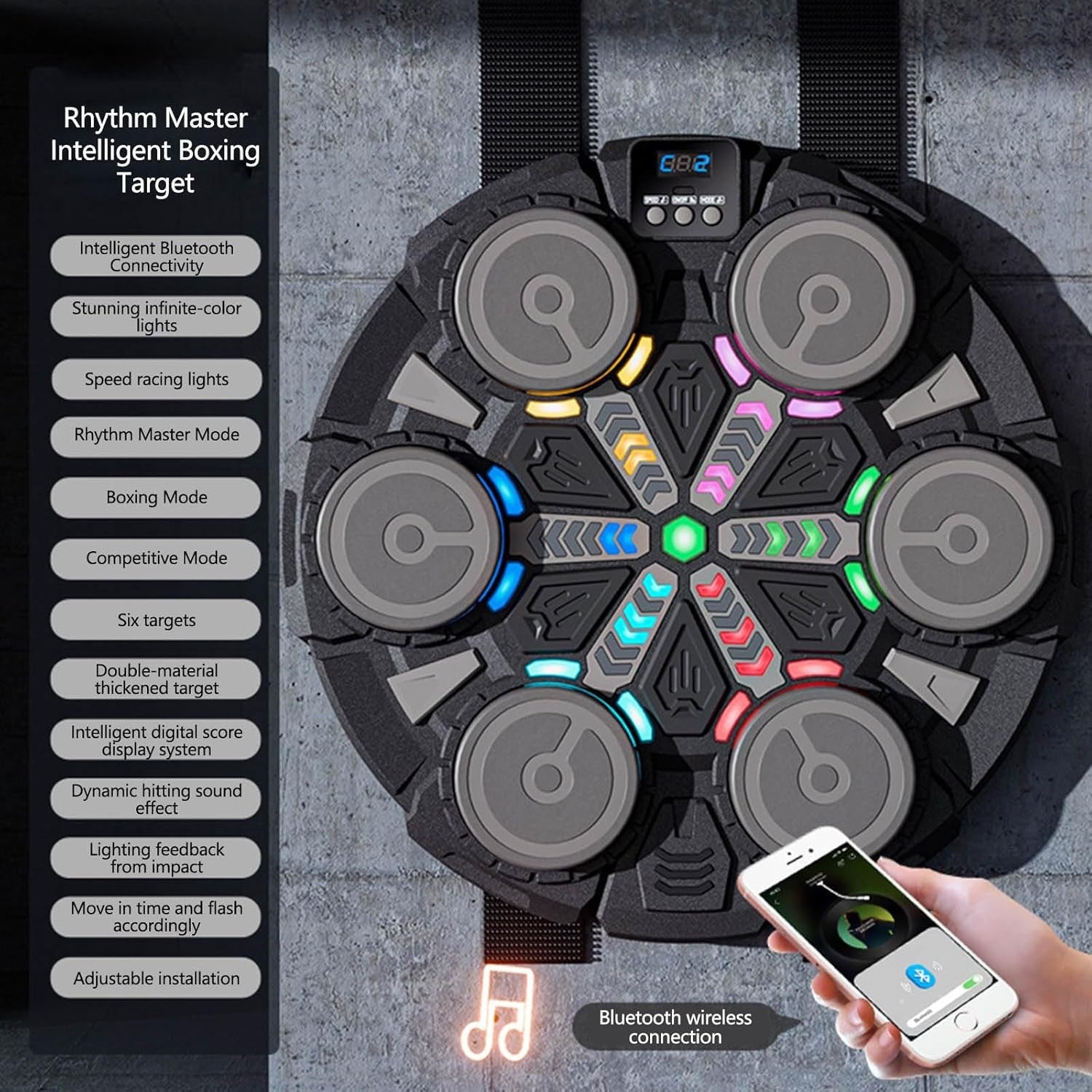 Music Boxing Machine Black RGB LED Wall Punch Trainer 15 Modes Gloves