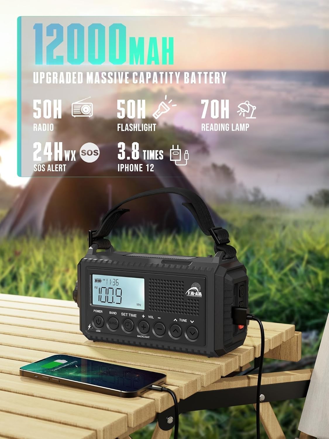 Emergency Wind Up Solar Radio AM/FM/SW 12000mAh Waterproof