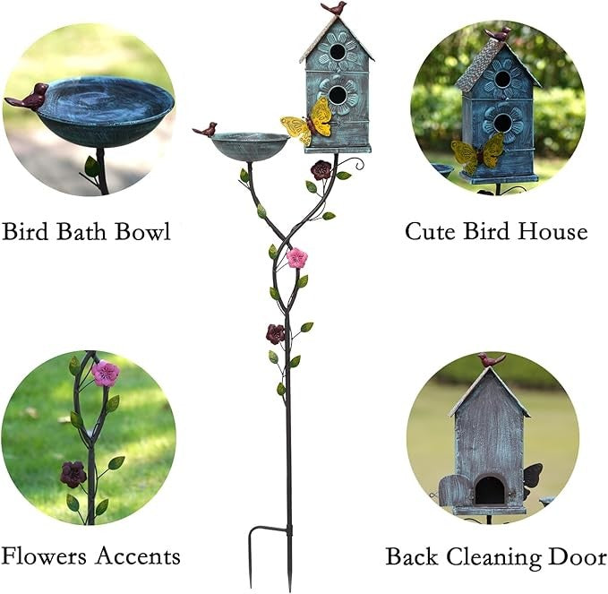 57" Metal Bird Bath & Birdhouse Combo – Outdoor Garden Decor 2-in-1 Feeder