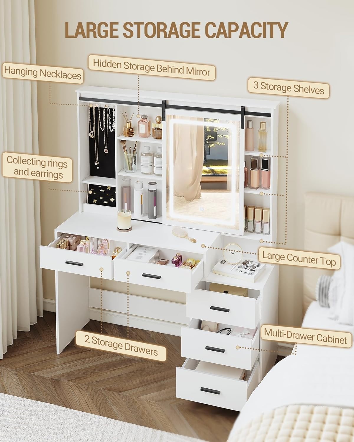 Modern Vanity Dressing Table LED Mirror Storage Drawers White Desk New