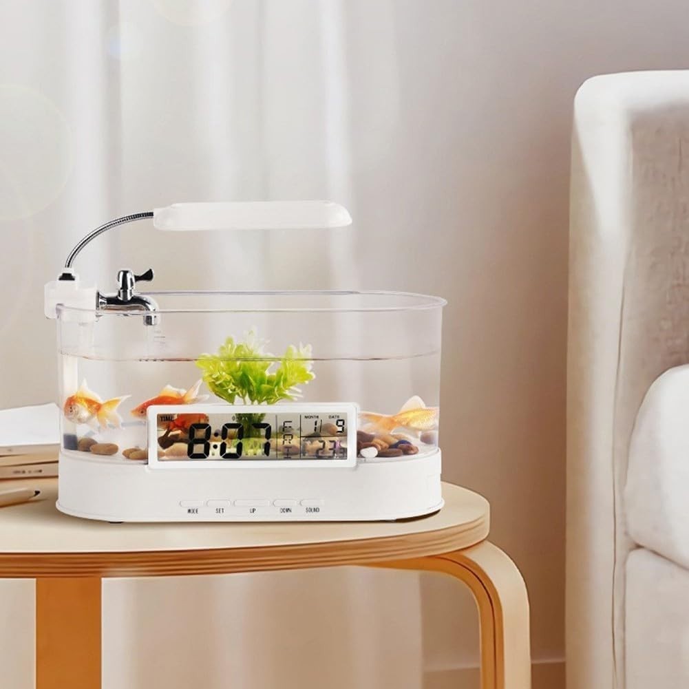 Compact LED Fish Tank Aquarium with Desk Lamp, Alarm Clock & Calendar