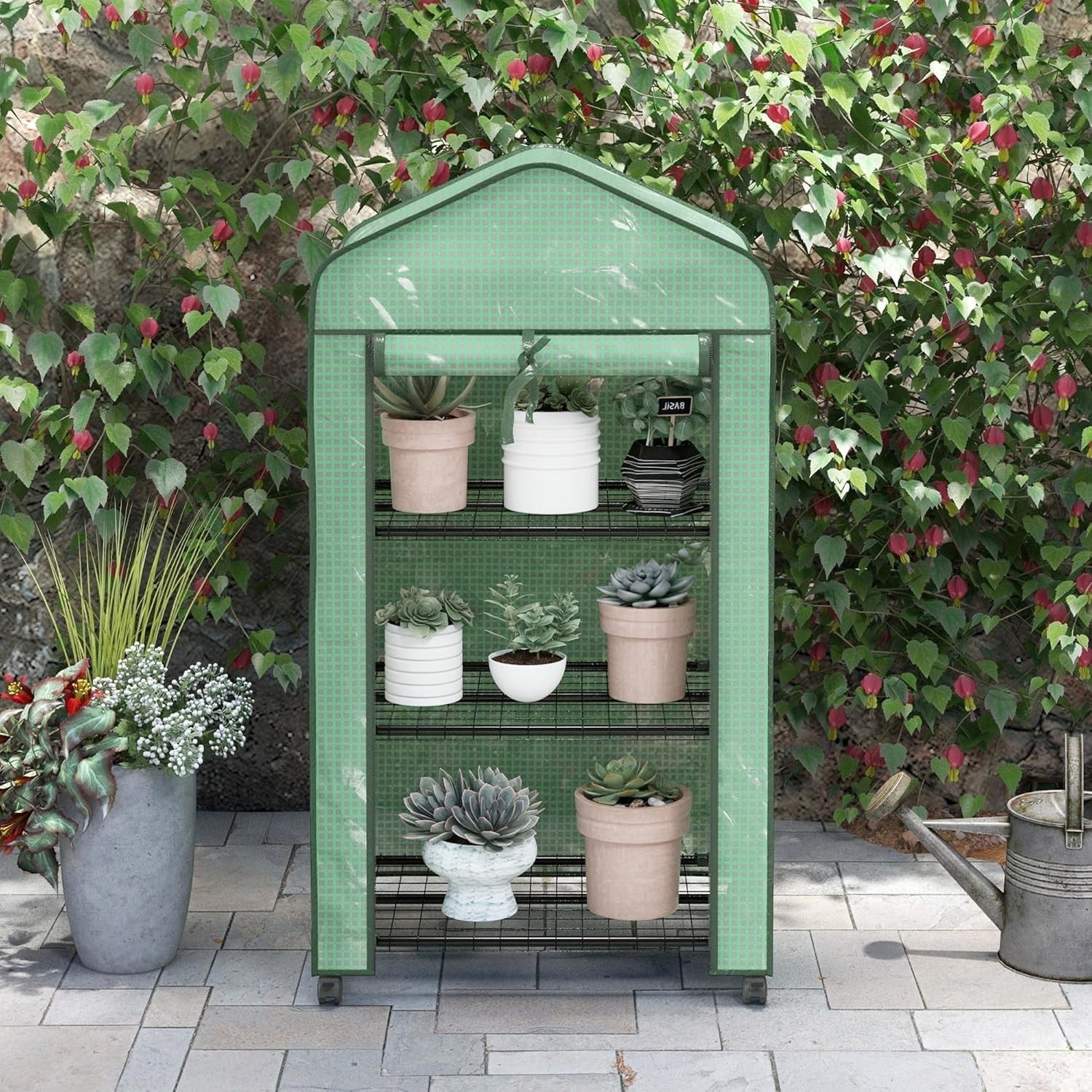 3 Tier Mini Greenhouse with Wheels Reinforced PE Cover Roll-Up Door