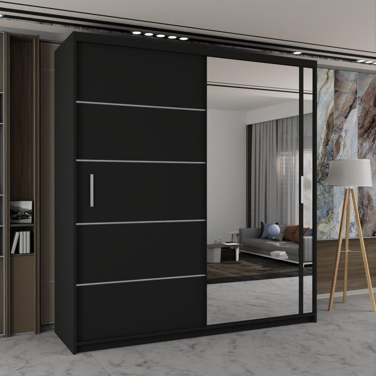 Black Sliding Mirror Wardrobe 203cm Modern Storage Unit Bedroom
