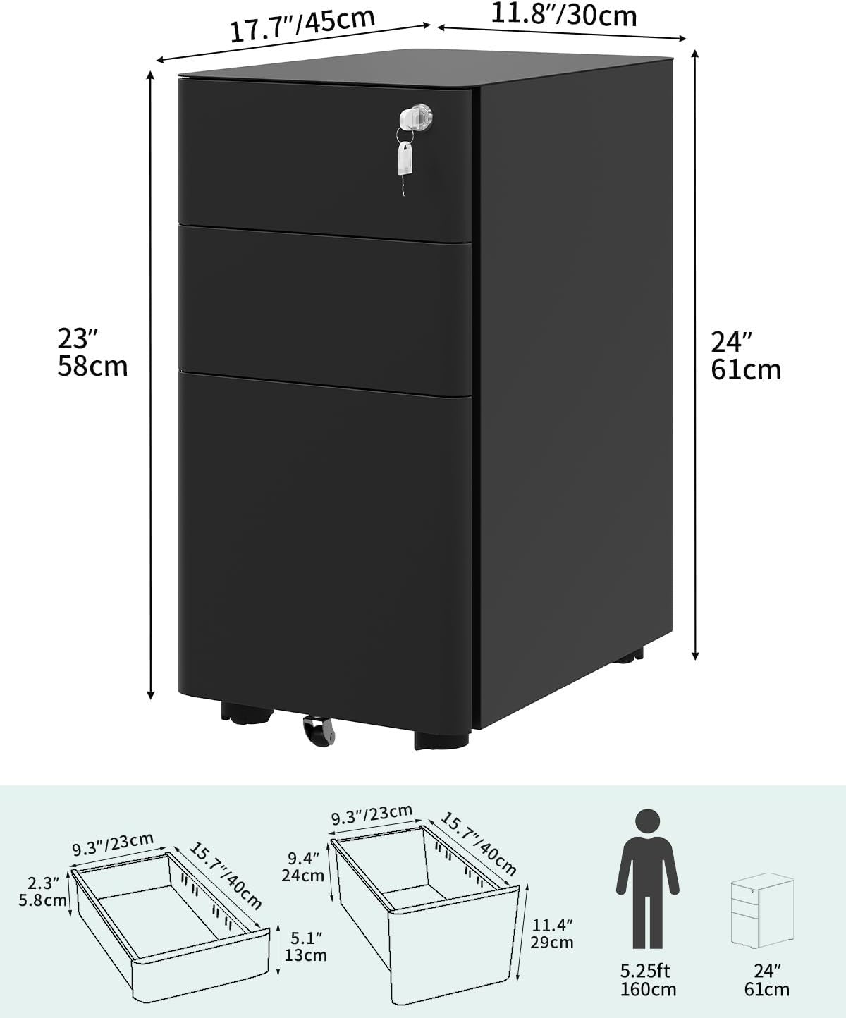 Lockable Metal Mobile Filing Cabinet 3 Drawer A4 Letter Under Desk